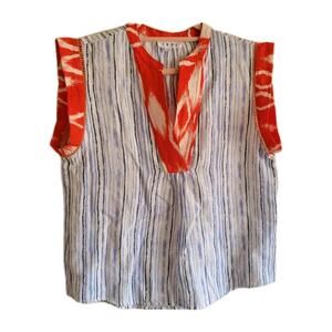 THML V-Neck Sleeveless Blue White Striped Ikat Orange Accent Blouse Size S